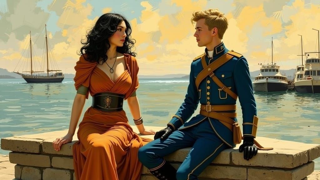 Greek Woman and Officer in Impressionist Style