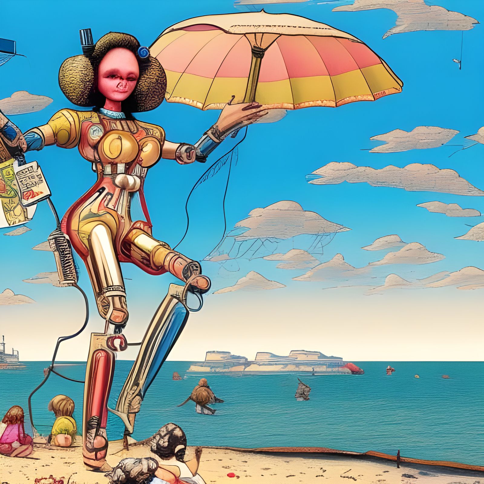 Provocative Robot Girl on Beach in Comix Style