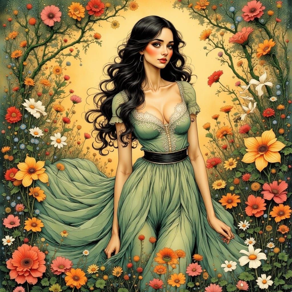 Sensual Art Nouveau Goddess Among Lush Floral Tapestry