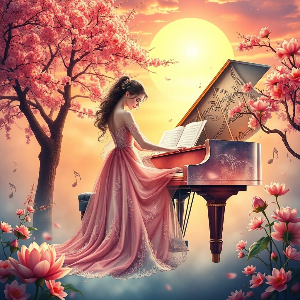 Ethereal Pianist Amidst Whimsical Music Notes in a Dreamy Wa...