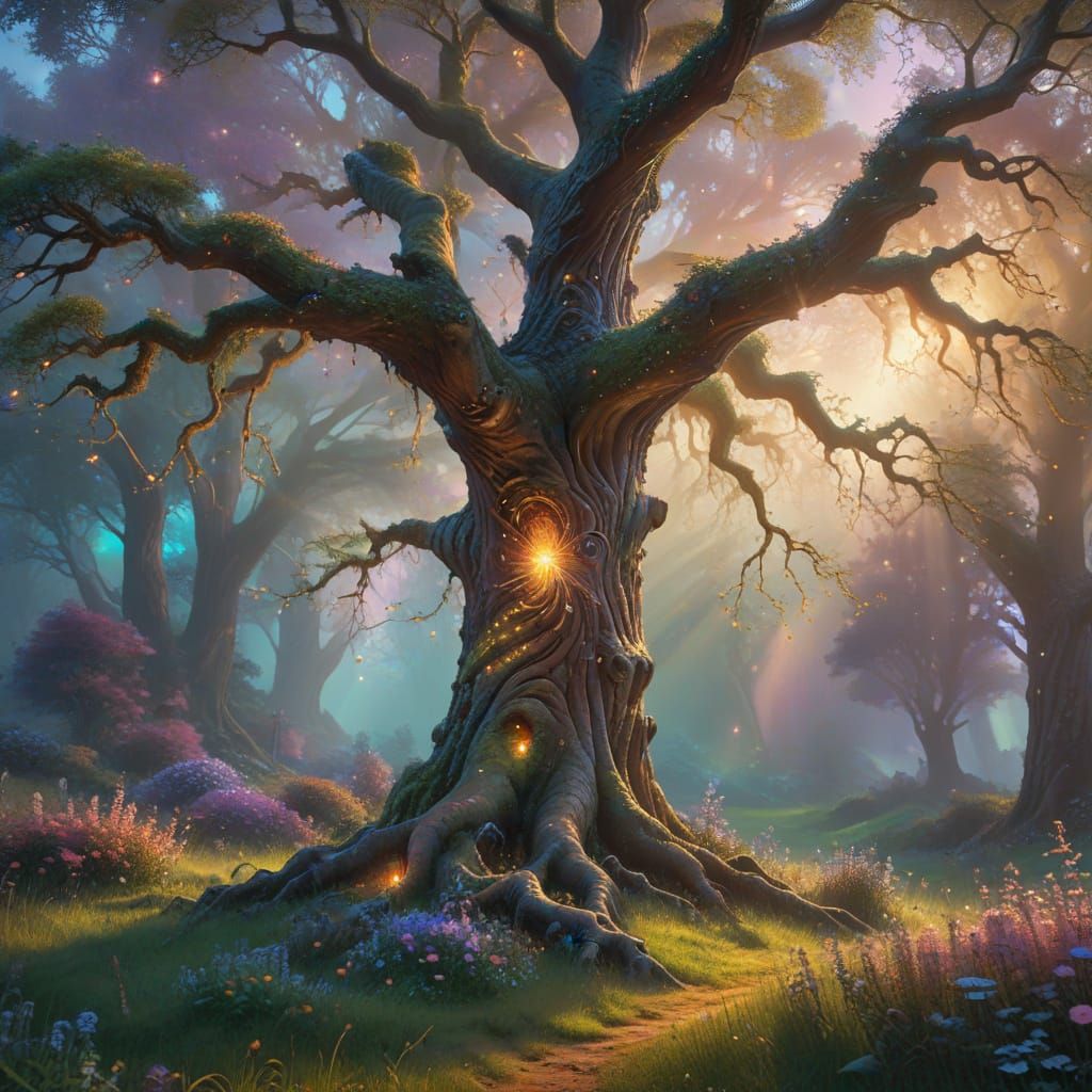 Ancient Tree in Vibrant Sunset Glow