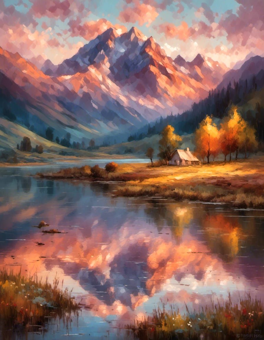 Landscape at golden-hour - oil painting style