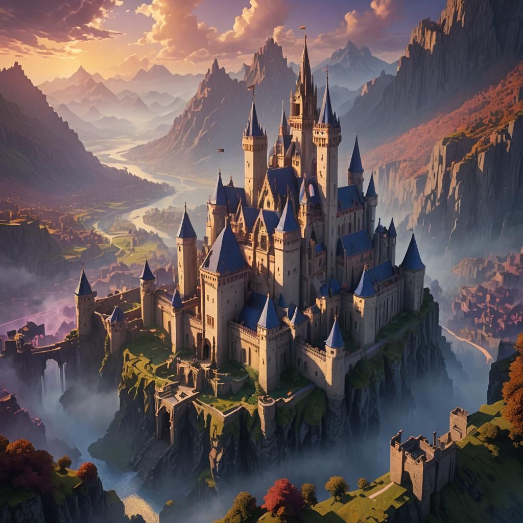 Minecraft Castle in Misty Valley: Fantasy Matte Painting