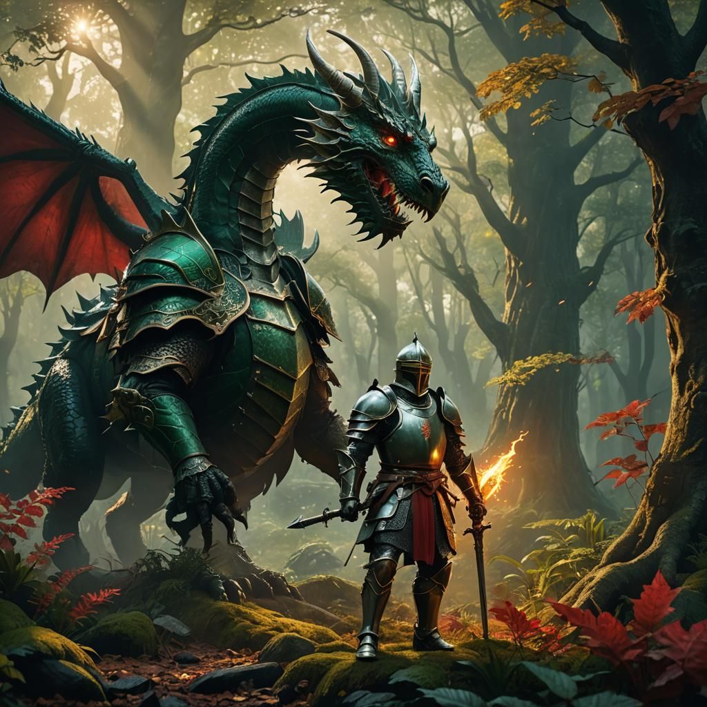 Knight and Dragon in Magical Forest Concept Art