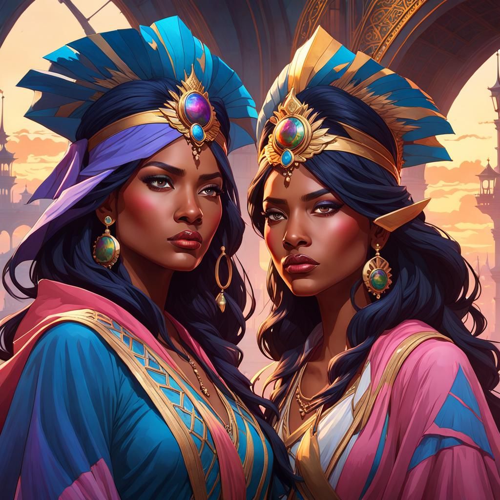 Warrior Sisters Portrait in Gouache and Watercolor Style