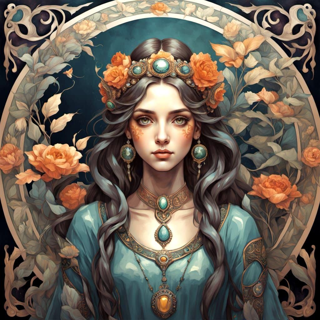 Ethereal Art Nouveau Goddess with Jewel Crown
