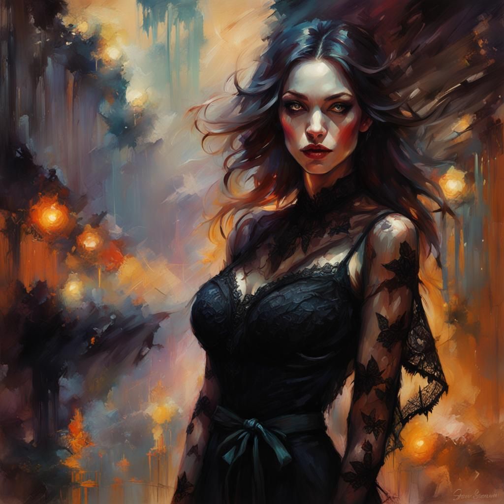 Bokeh background, Gorgeous vampire woman in black lace; eyes...