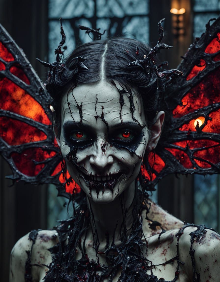 Grotesque Fairy Ghoul in Gothic Stained Glass Nightmare Port...