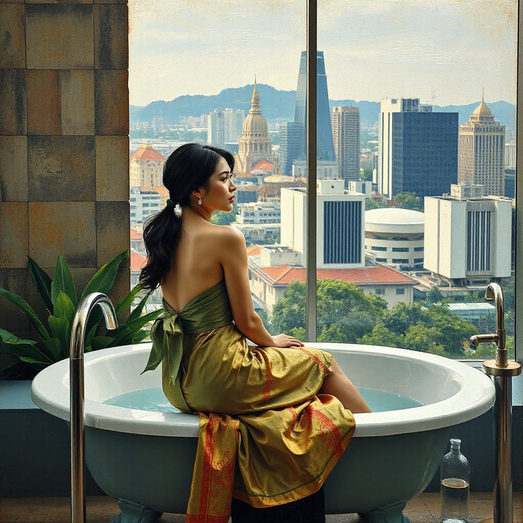 Thai Woman in Cubist Cityscape, Braque Style