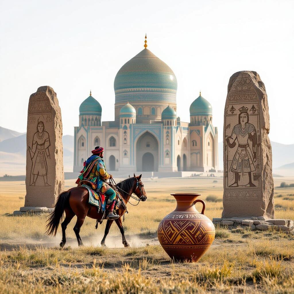 Nomadic Rider on Horse Past Ancient Steles