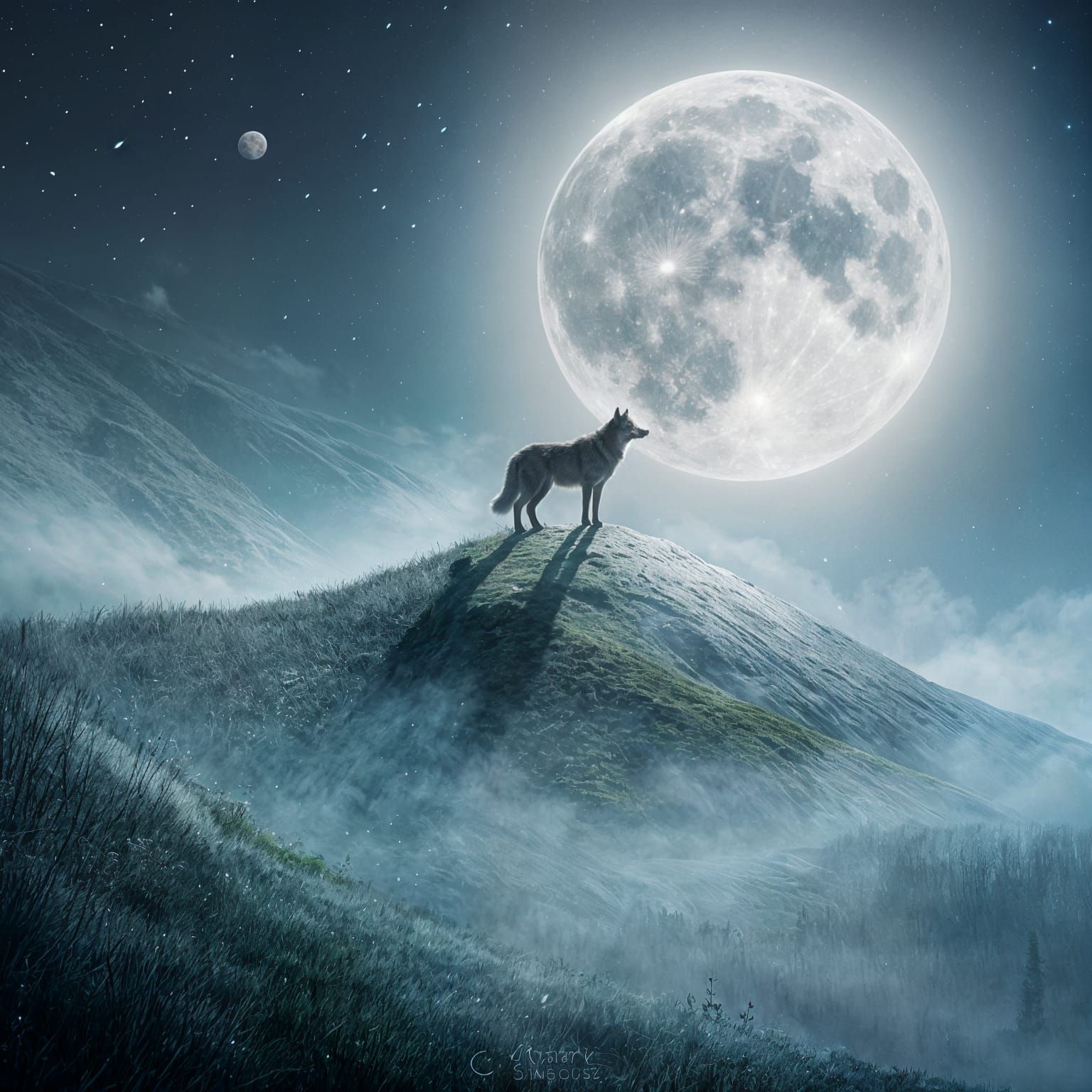 Mystical Wolf Under Full Moon in Painterly Style