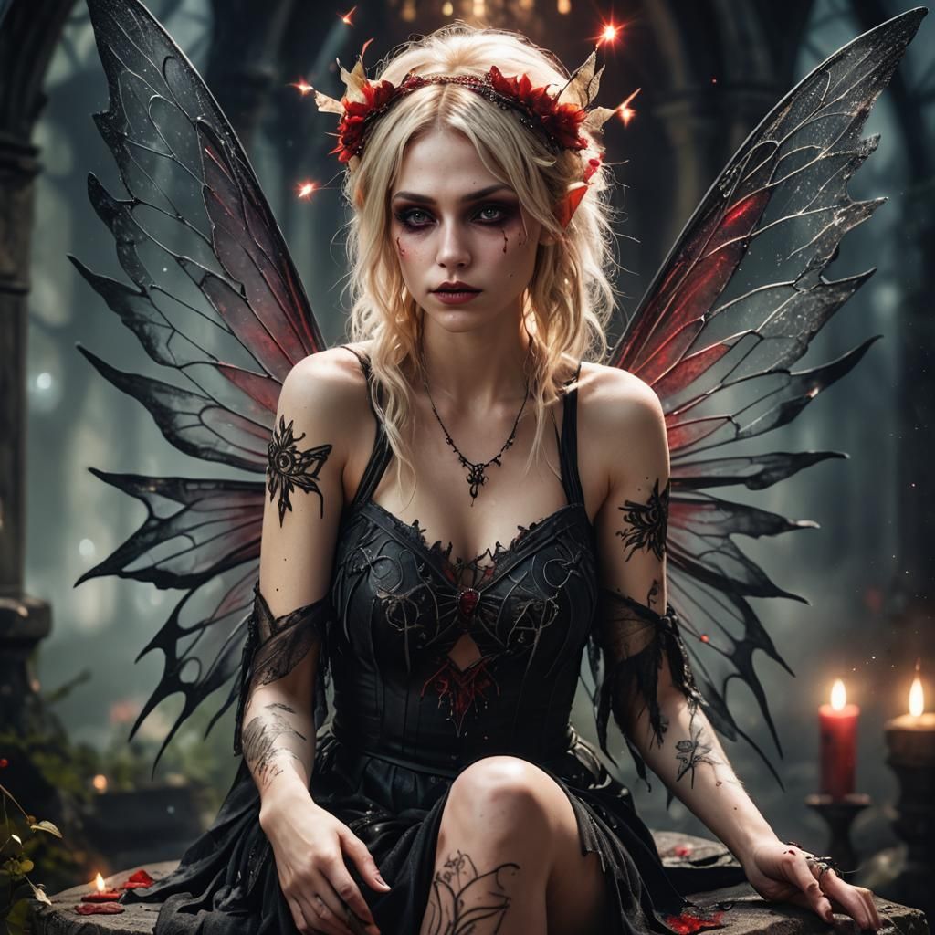 Gothic Fairy with Red Streaks in Hyperrealistic Style