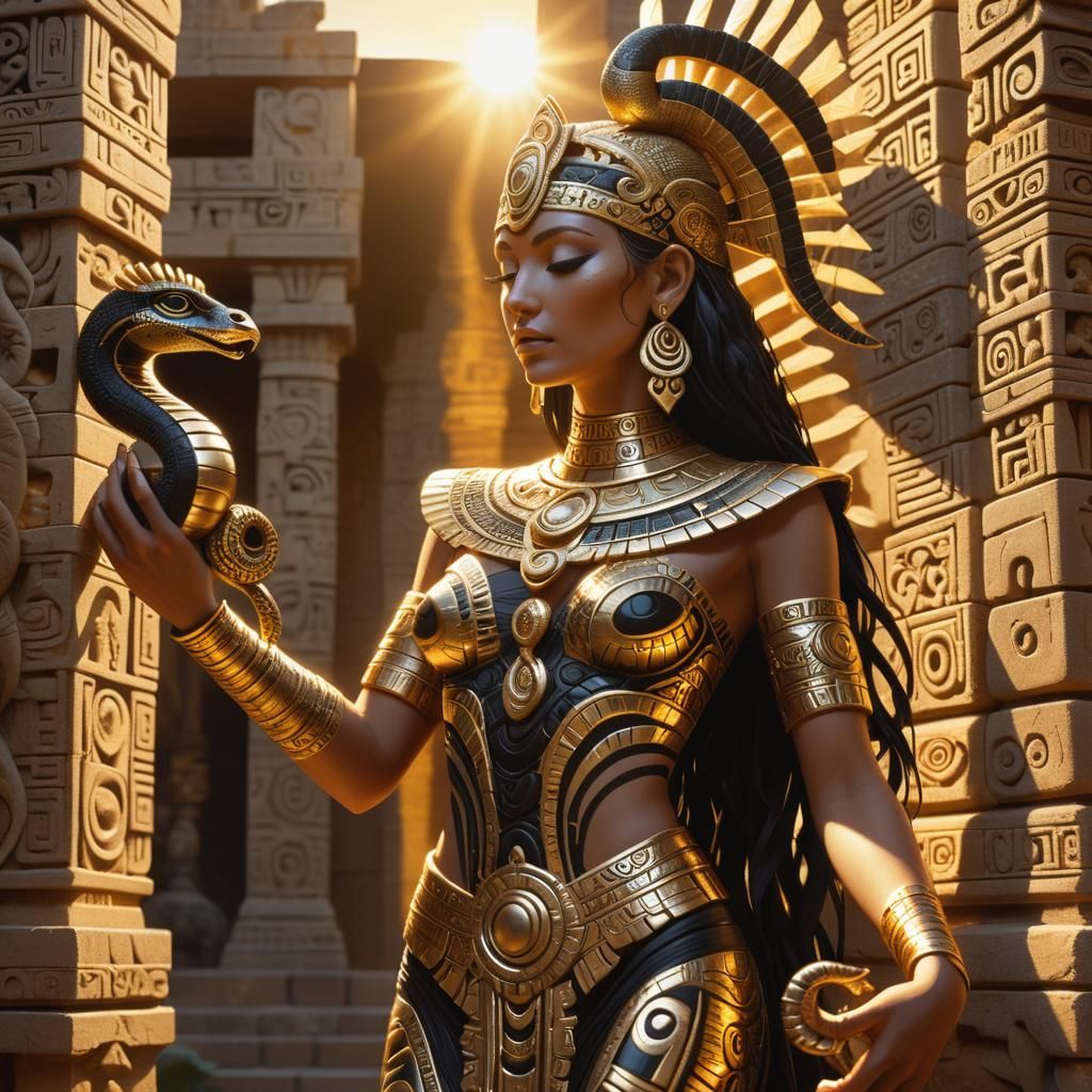 Priestess with Cobra Statuette in Aztec Temple