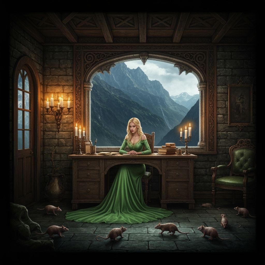 Gothic Room with Mountain View and Woman, HR Giger Style