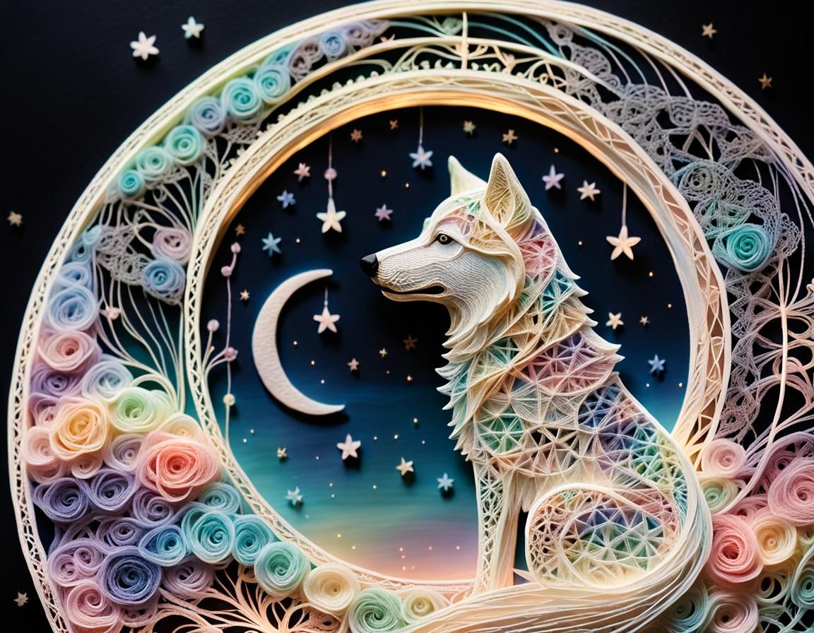 Delicate String Art Wolf in Art Nouveau Style