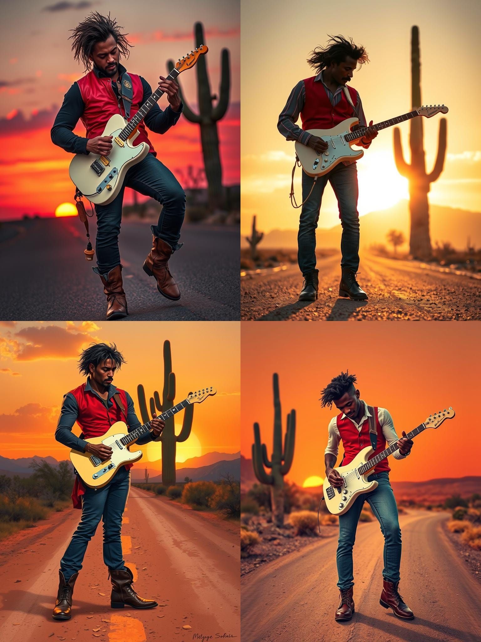 Silhouette of Guitarist Playing in Desert Sunset