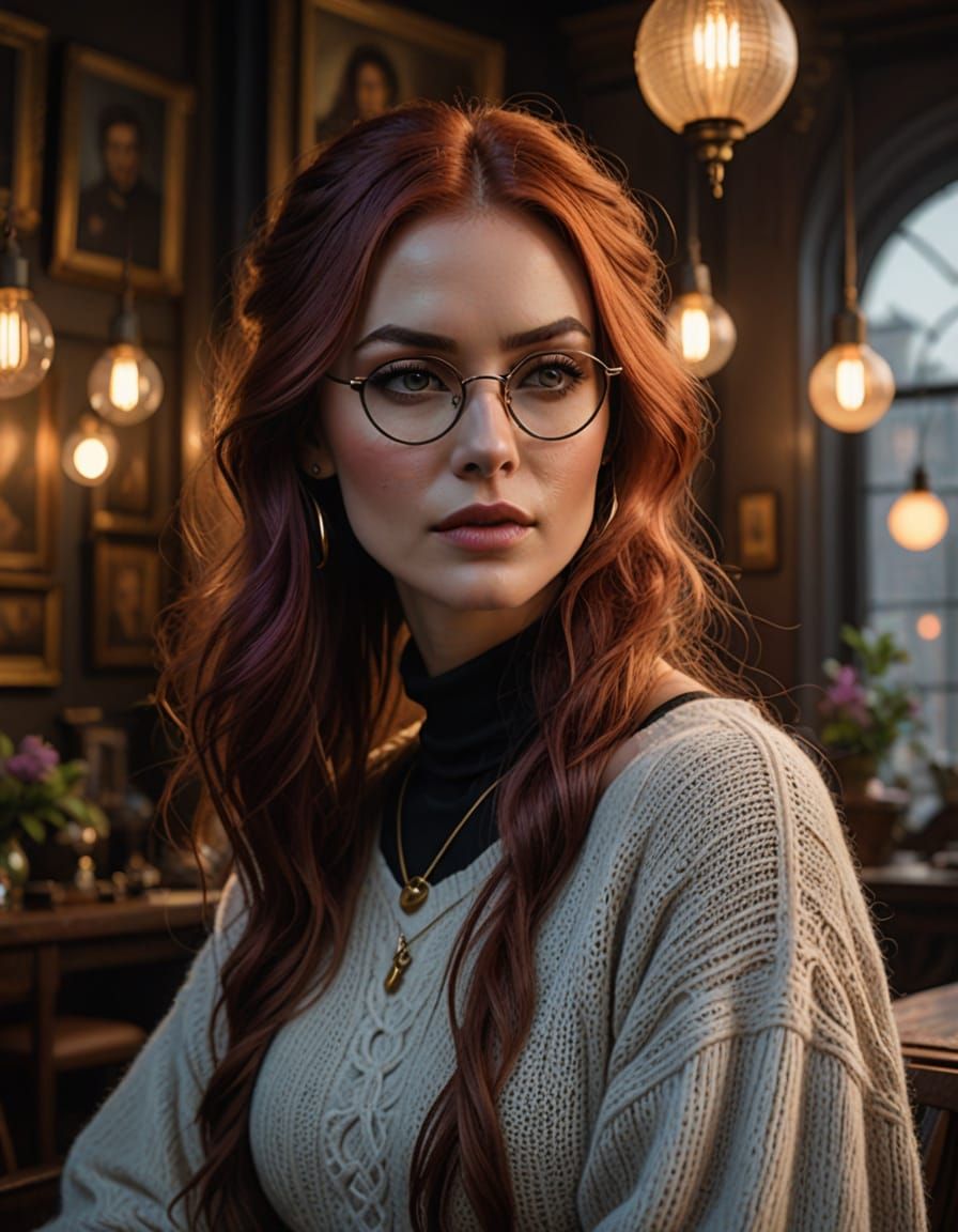 A 30 year old woman with glasses  sits in a room characterized by a warm, inviting atmosphere, illuminated by soft, diff...