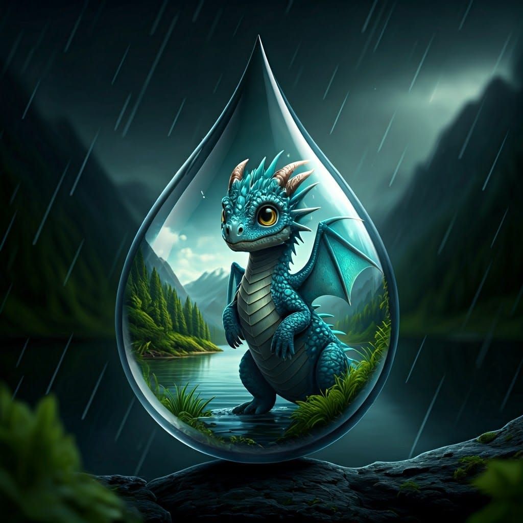 Adorable Dragon Soars in Raindrop, Hyperrealistic Rendering