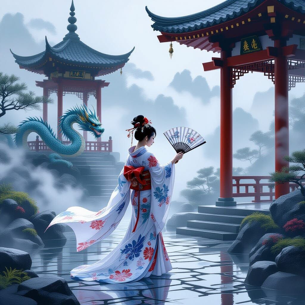 Japanese Fan Dancer in Misty Garden, Dragon Pagoda