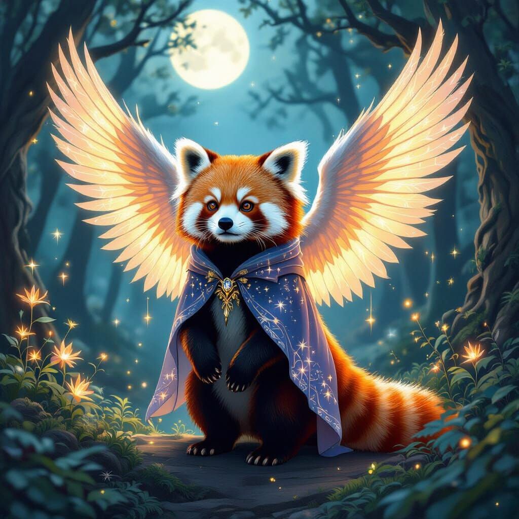 Red Panda in Enchanted Forest with Magic Cloak
