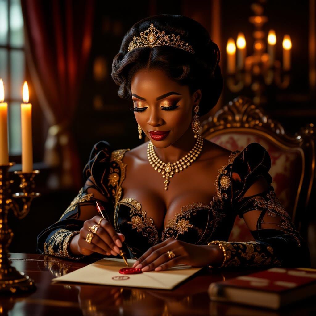 Nigerian Billionaire Woman Sealing Letter with Wax
