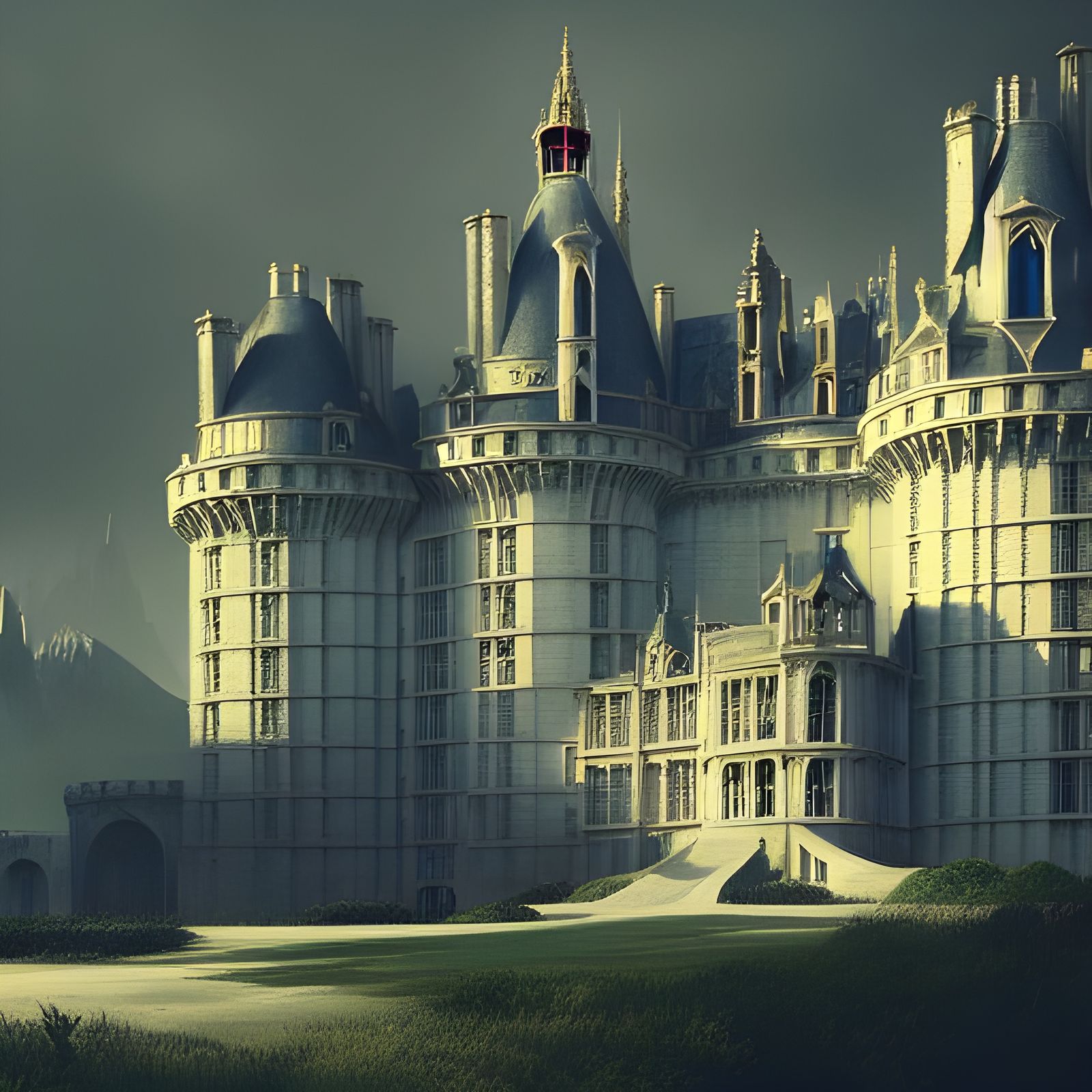 Cyberpunk Castle on Mountain, Digital Art