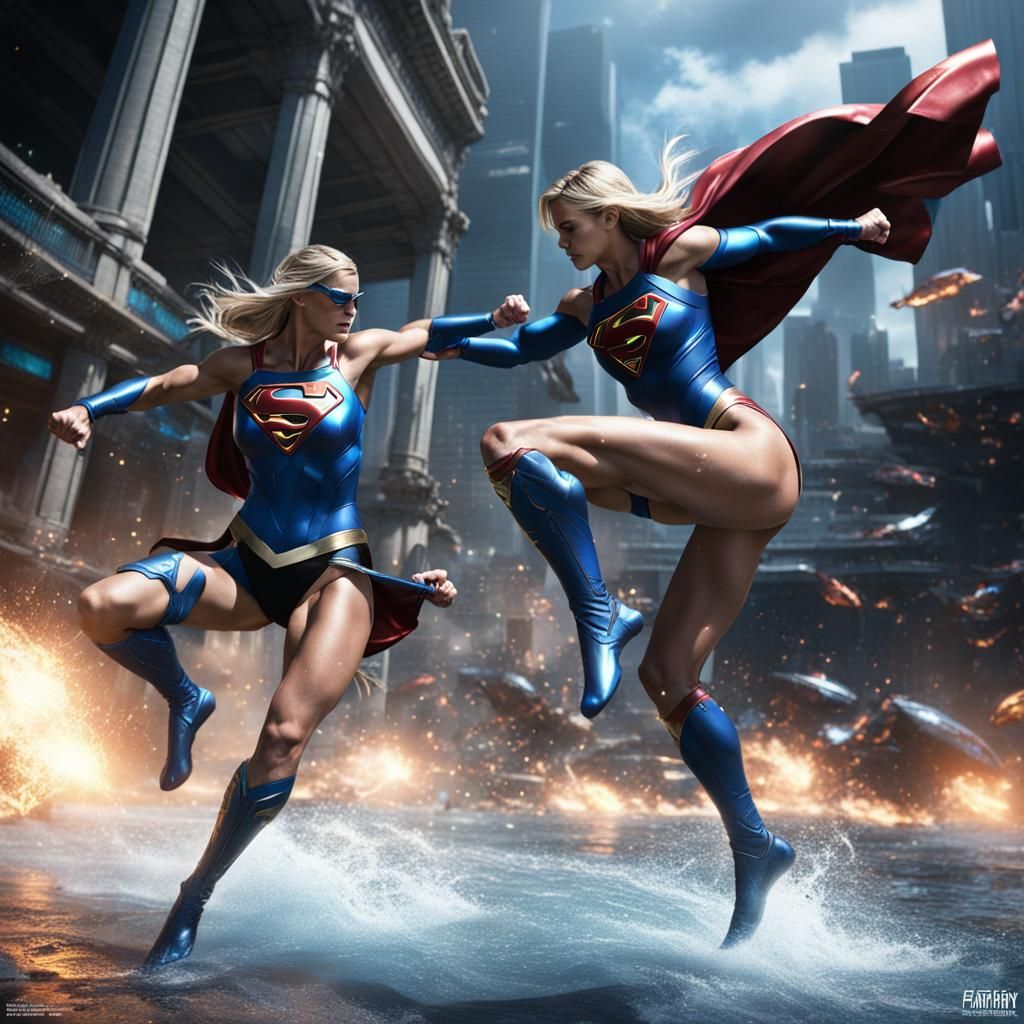 Supergirl Sparring: Blue vs Black Bikini in Detailed Paintin...