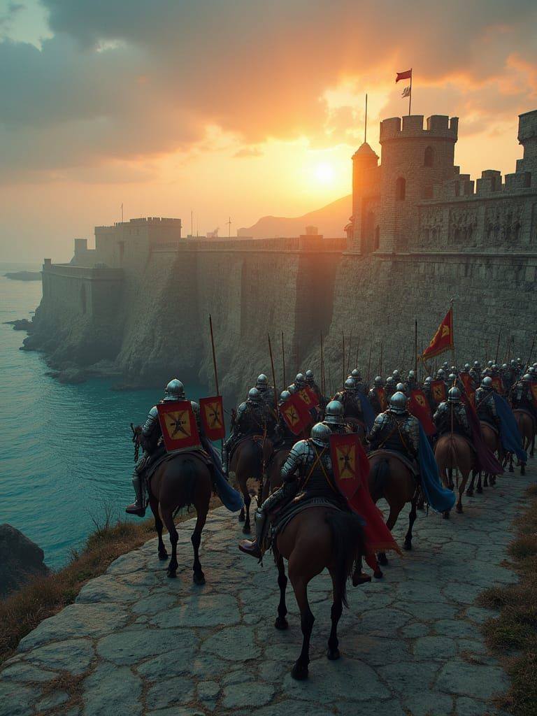 A beautiful  gigantic,  extremely very close up, majestic stone bridge in medieval times with soldiers with shields on t...