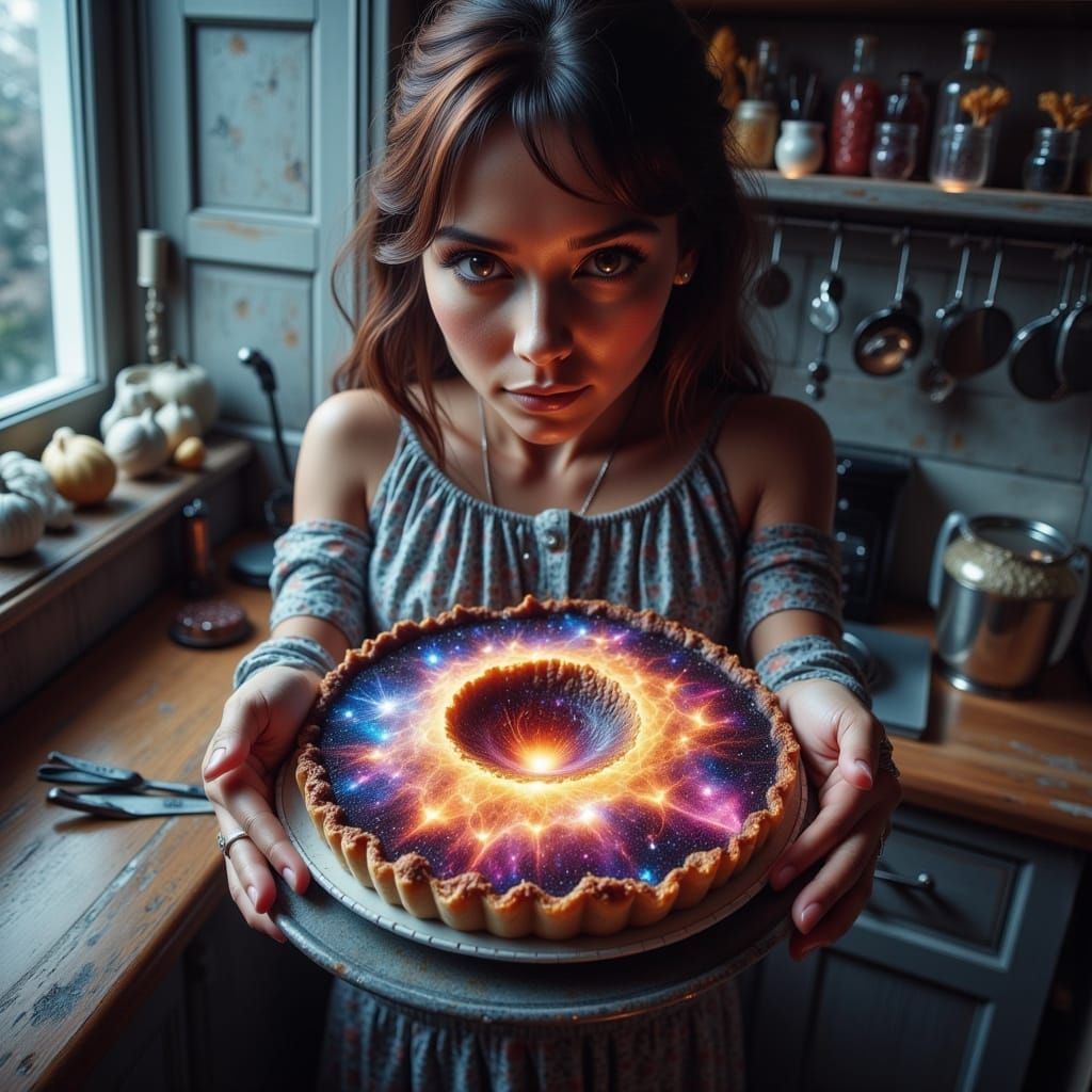 Woman Holds Galaxy Pie with Cosmic Filling