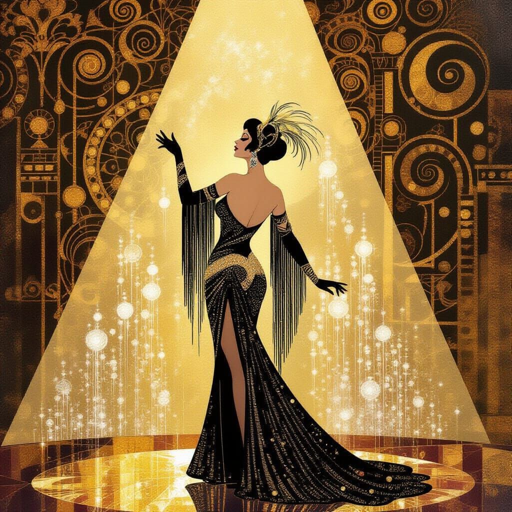 Sequined Showgirl Portrait in Klimt-Lempicka Style