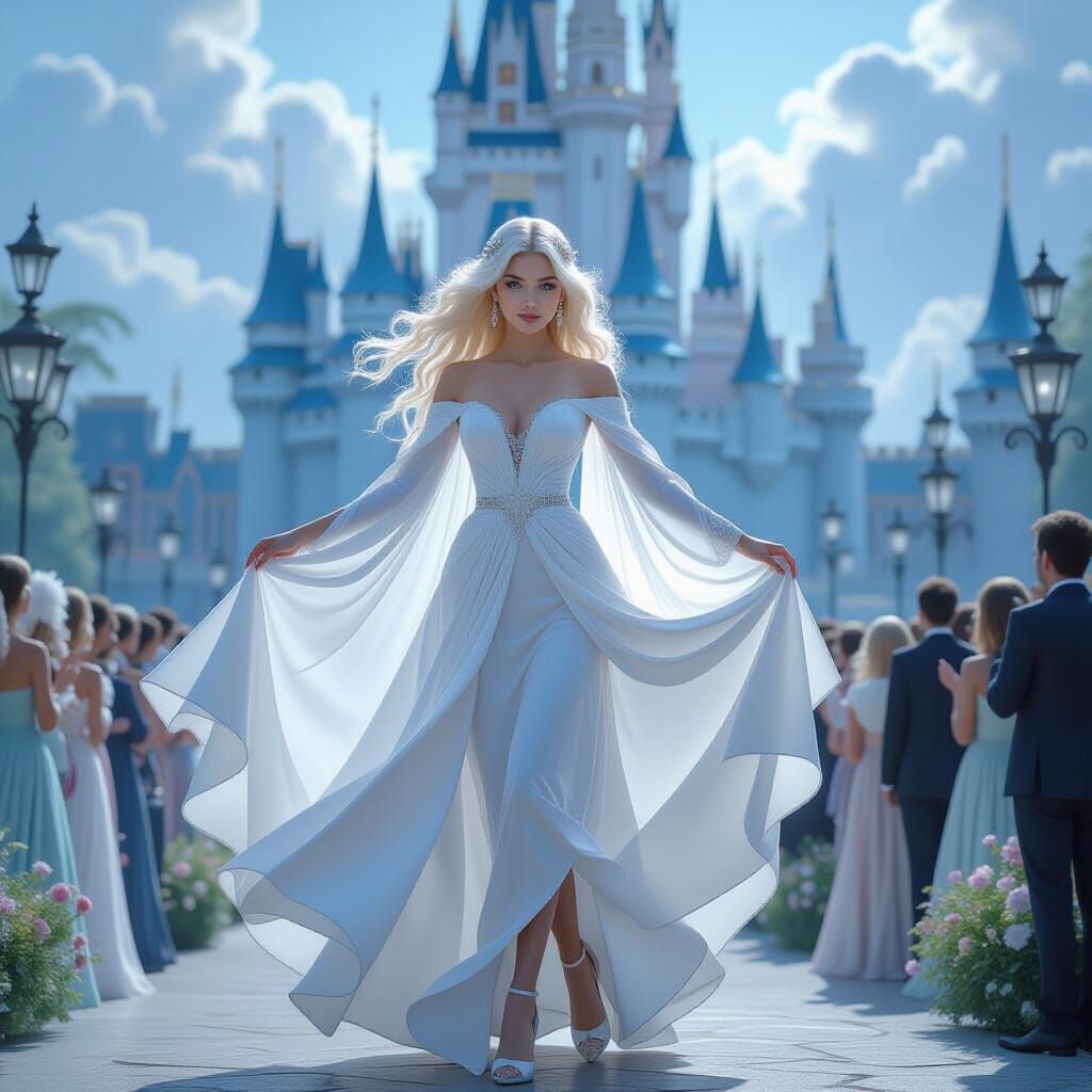 Ethereal Girl Dancing Before Castle in Fantasy Art Style