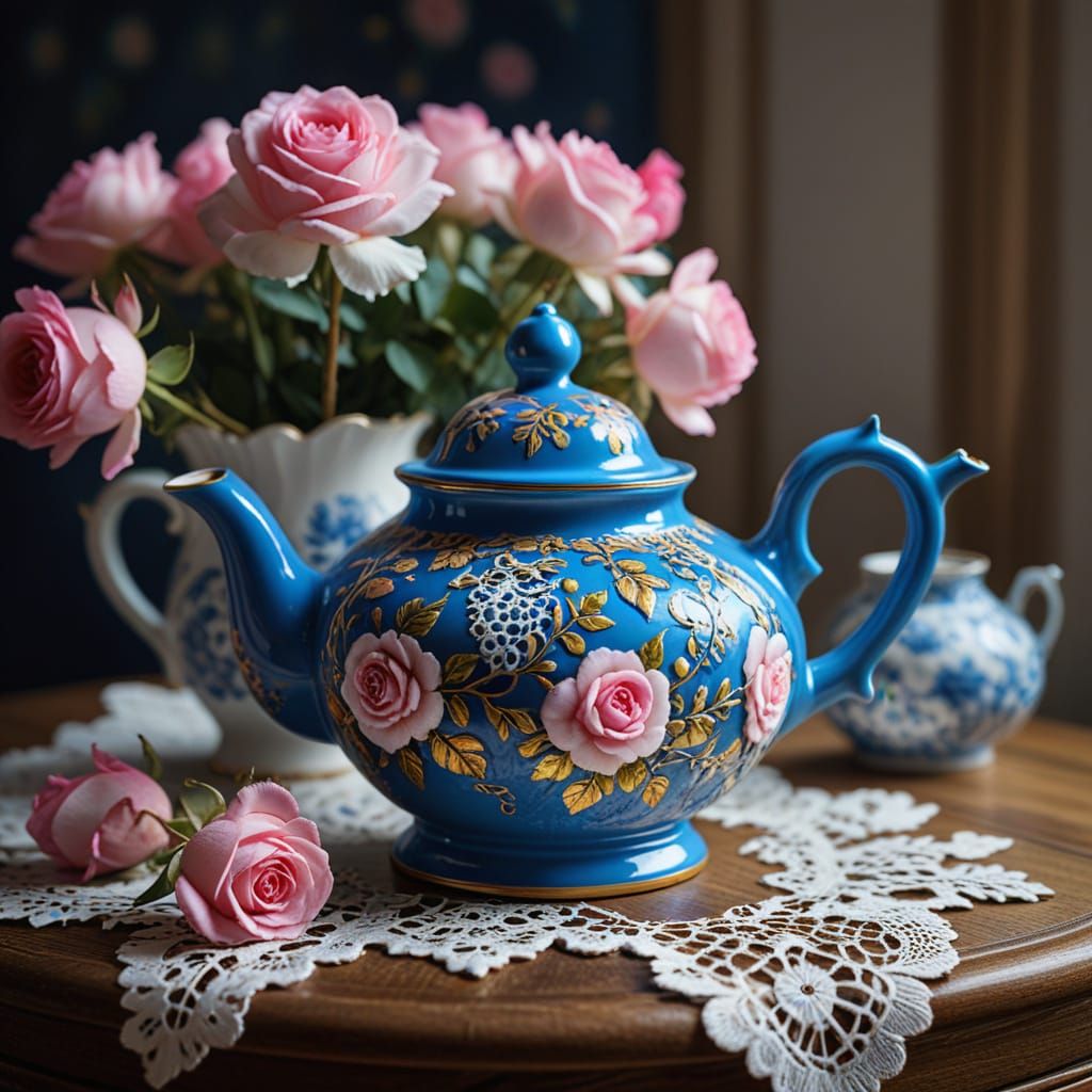 Blue Teapot with Pink Roses, Porcelain Art