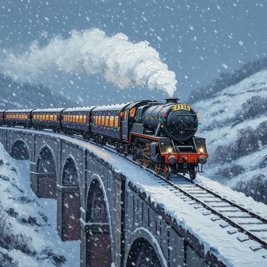 Impasto Oil Painting of UK Steam Train in Snowy Wonderland