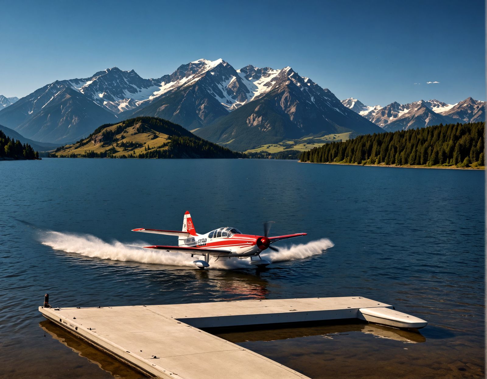 Lakefront Hydroplane Landing in Hyperrealistic Detail