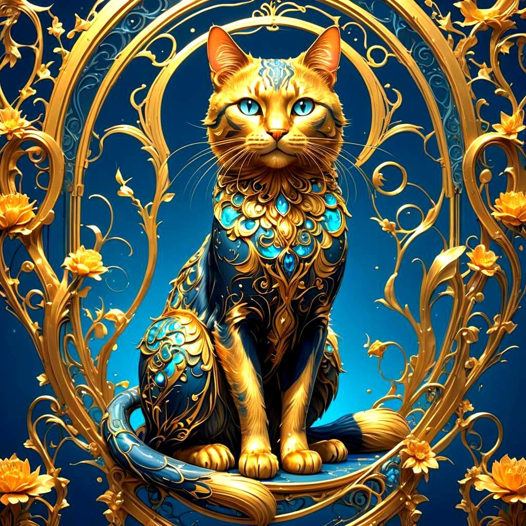 Bioluminescent Gold Cat in Art Nouveau Style