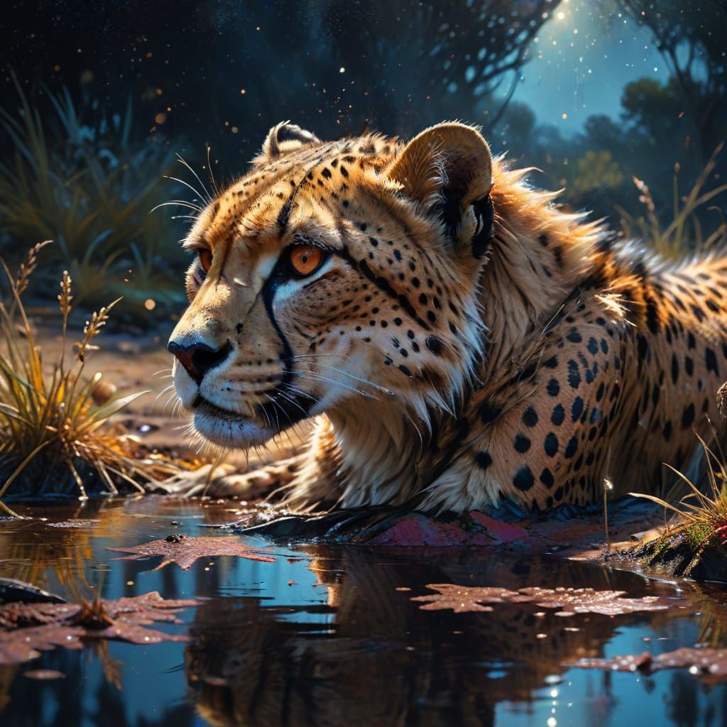 Cheetah's Reflection in Starry Savanna Waterhole