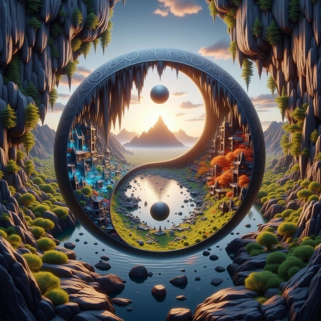 Ethereal Yin-Yang Landscape with Celestial Bodies