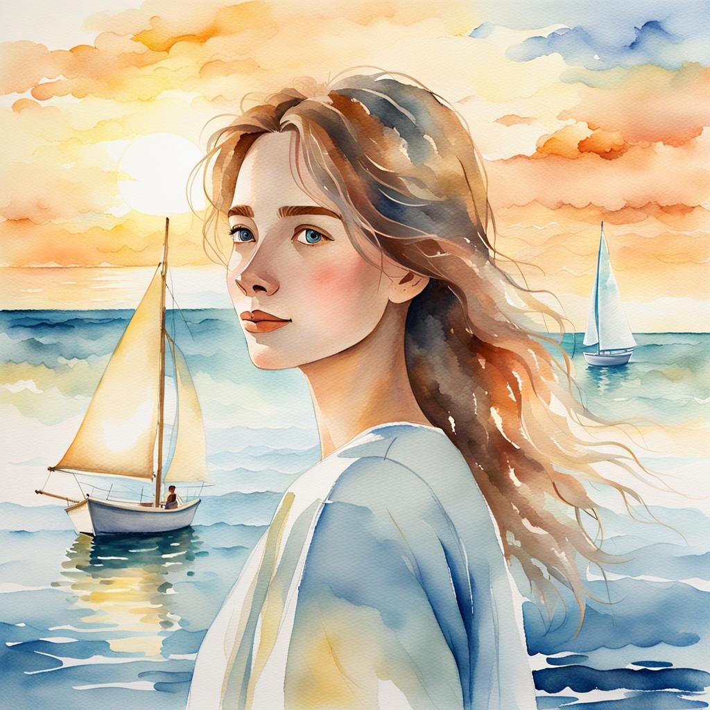 Dreamlike Watercolor: Woman Gazing at the Sea