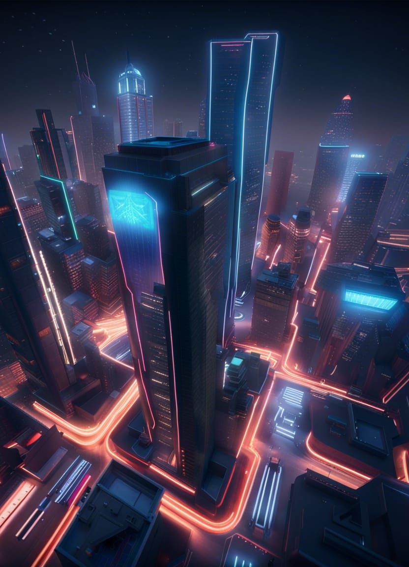 Neon Skyscrapers at Night in 3D Cinematic Style