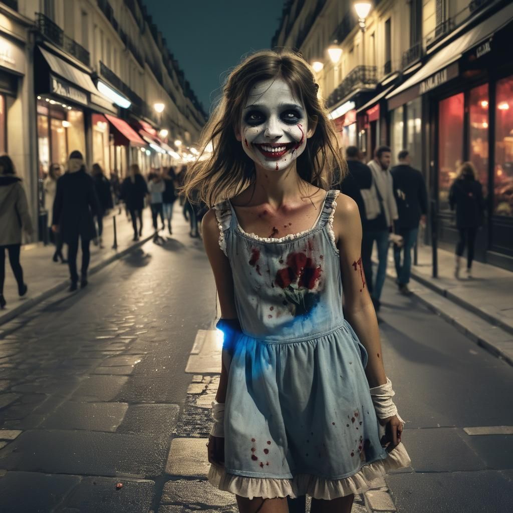 Zombies Follow Smiling Girl in Paris at Night