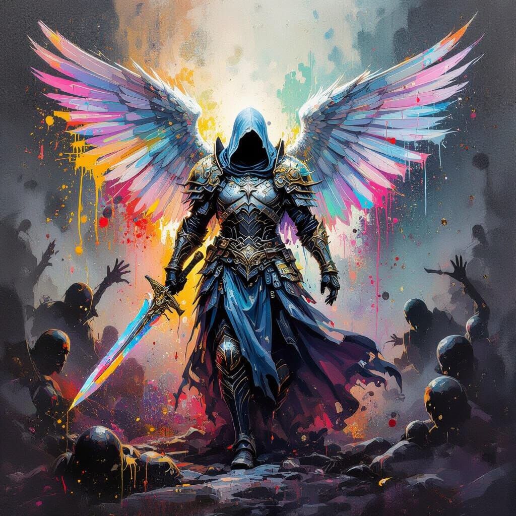 Angelic Warrior in Vibrant Street Art Style