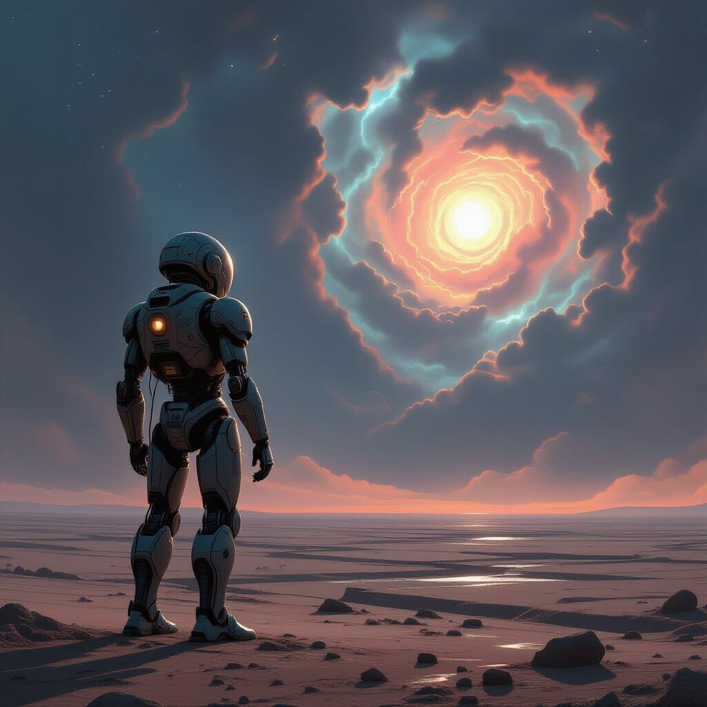 Automaton Gazes at Distant Light on Windswept Plain