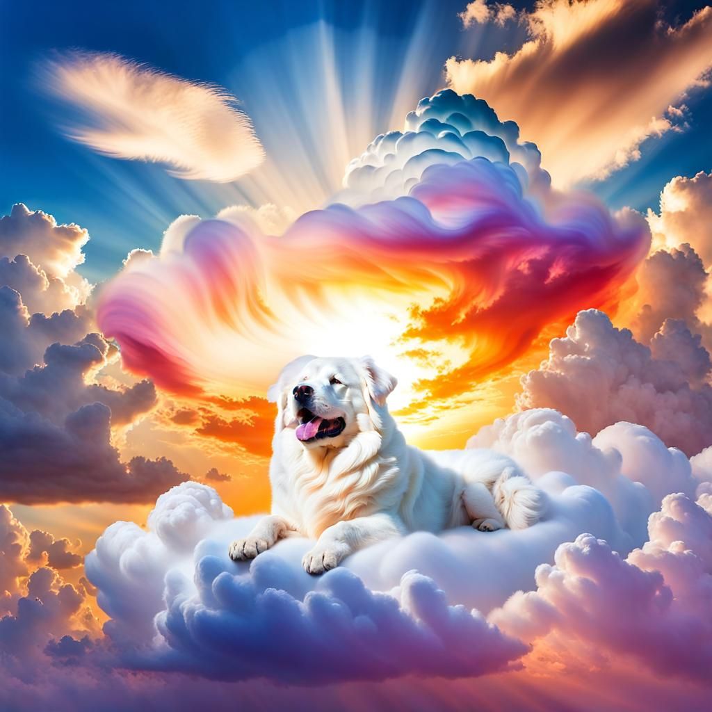 Now a white dog lying on a cloud