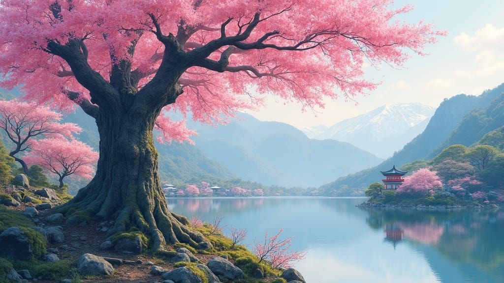Sakura Tree by Lake in Japanese Style