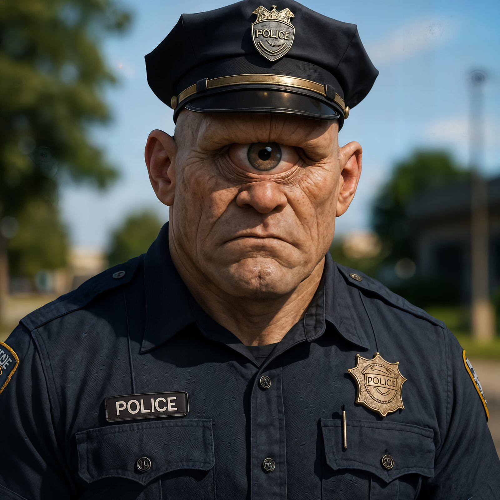 Detailed CGI Cyclops Police Officer Outdoors