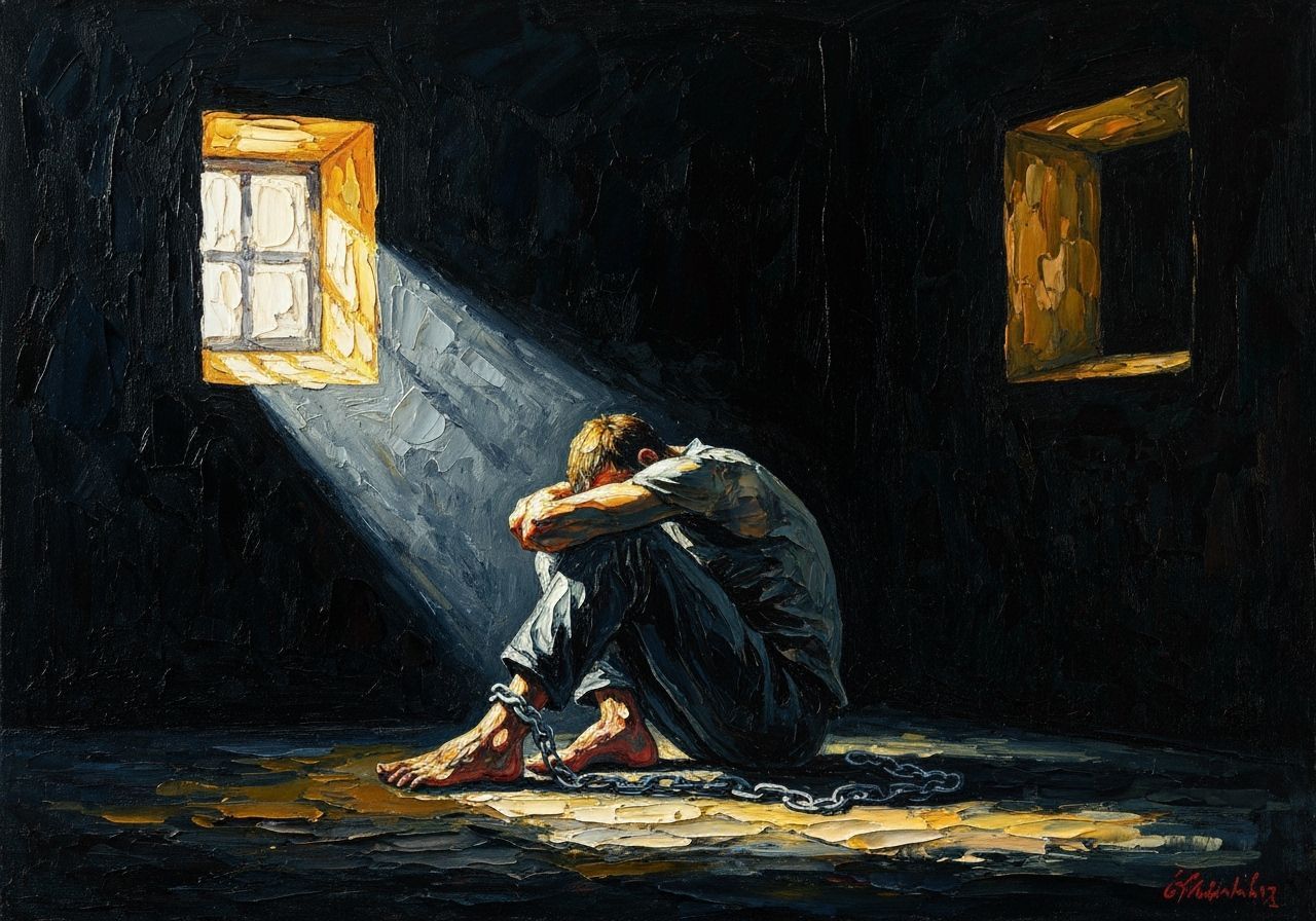 Impasto Oil Painting of Prisoner in Dark Cell