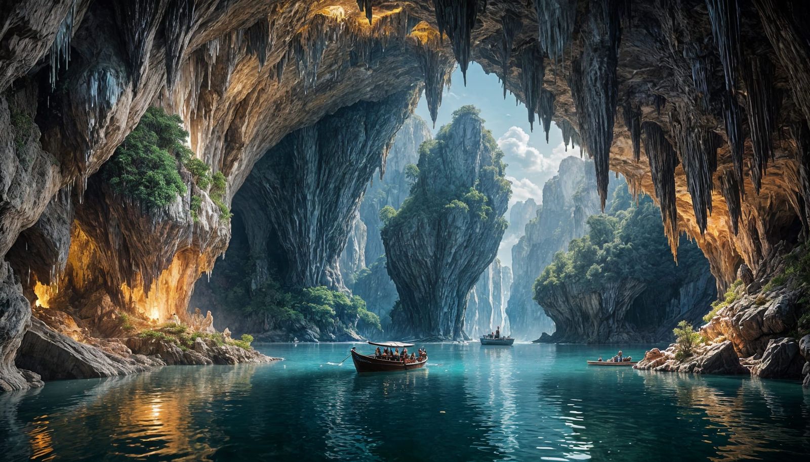 Spectacular Cave Interior with Musicians in a Boat