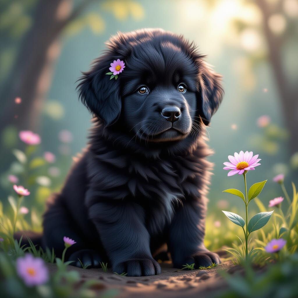 Giant Newfoundland Puppy with Flower, Fantasy Concept Art