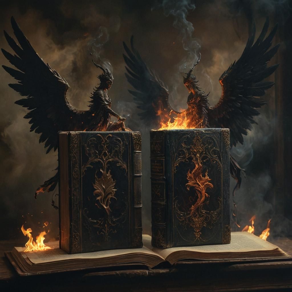 Contrasting Books of Heaven and Hell in Oil Painting
