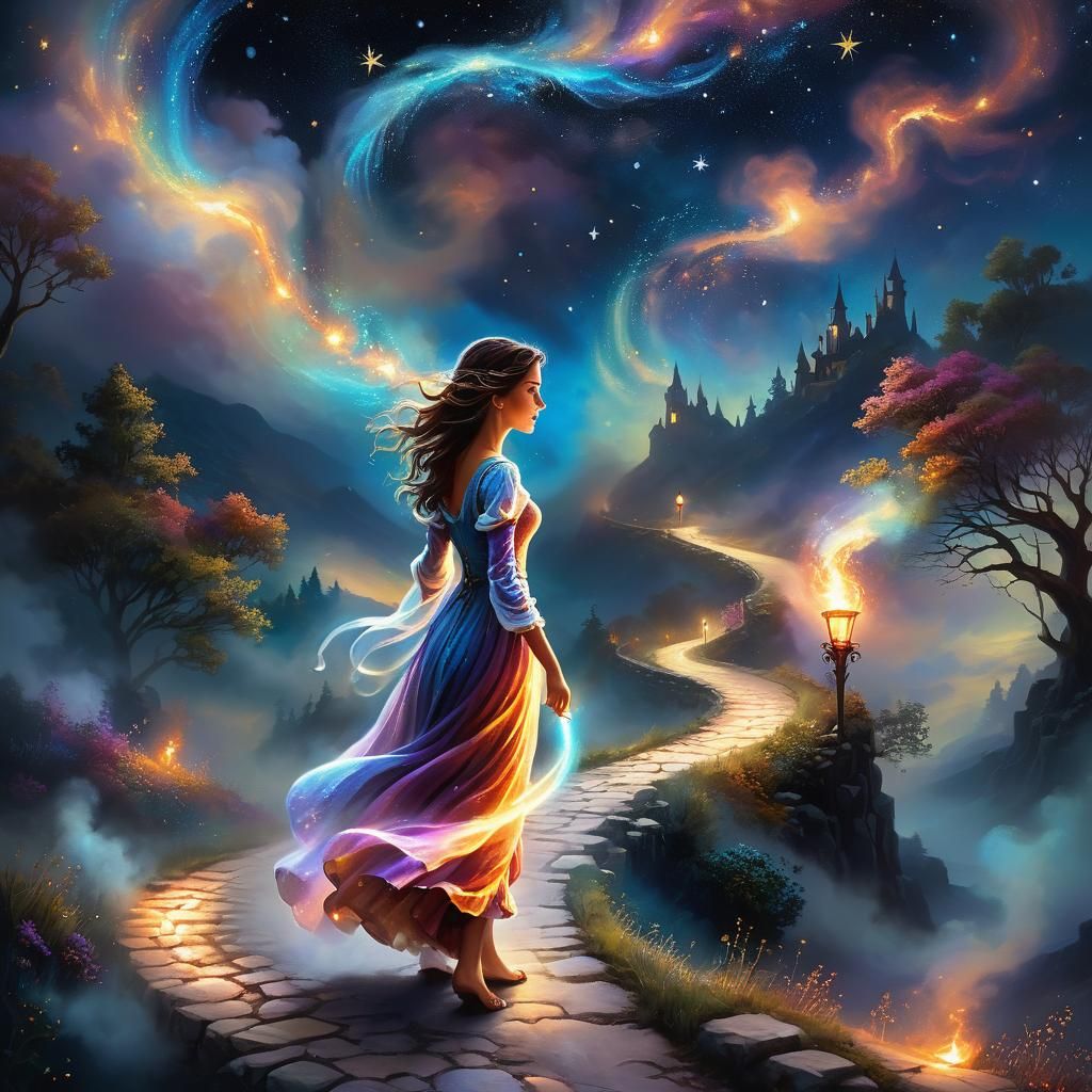 Mysterious Woman Walks a Starry Path